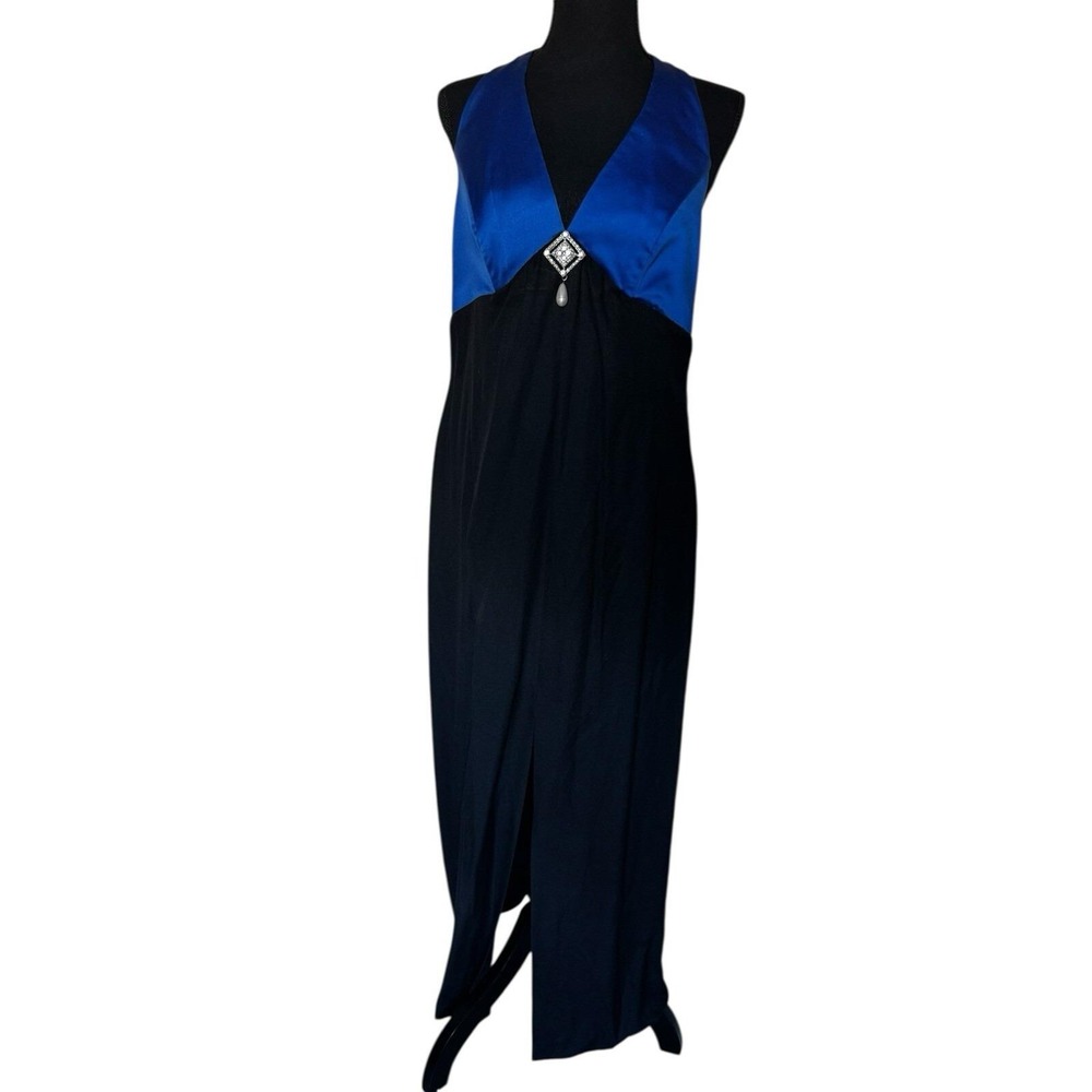 Halter Maxi Dress Blue Black Beaded Pearl Accent Formal Vintage Prom Y2K 32" wst - Picture 10 of 10